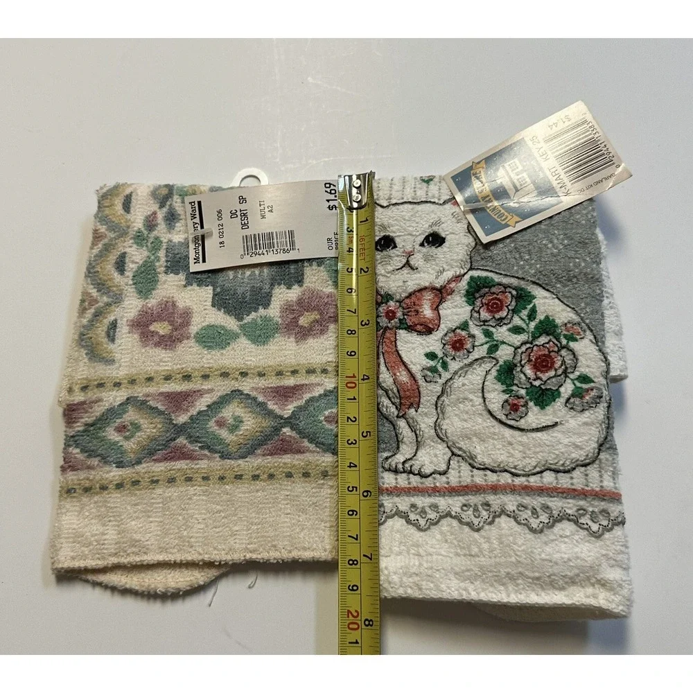 Vintage 80's Cat Pastels Florals Kitchen Hand Towel Made USA NOS lot 2